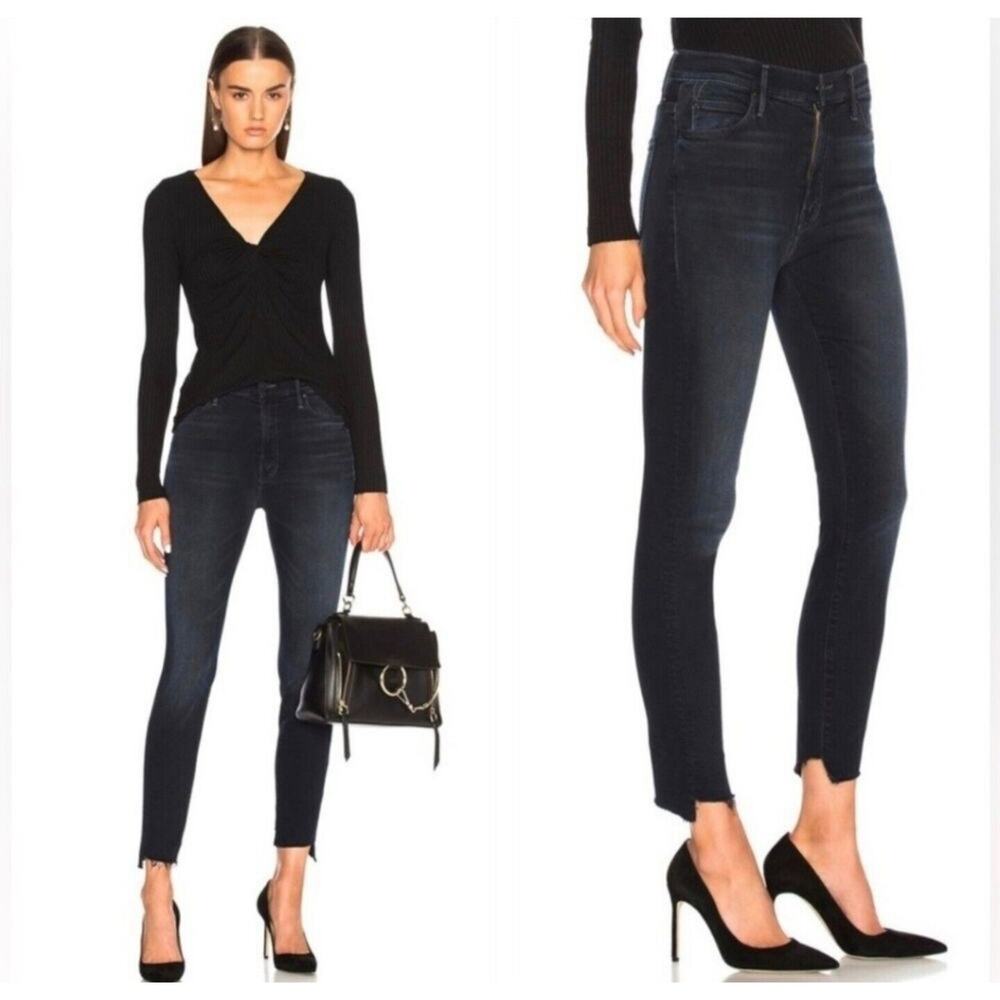 MOTHER The Stunner Zip Two Step Fray Jeans Last Call Dark Blue Wash Size 25 W 26
